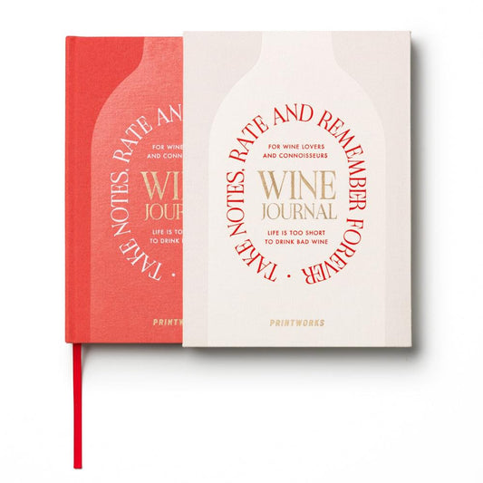 Wine tasting journal with beige cover and red fabric spine, ribbon bookmark