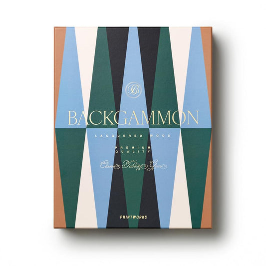 Printworks lacquered backgammon game box, blue/green striped cover
