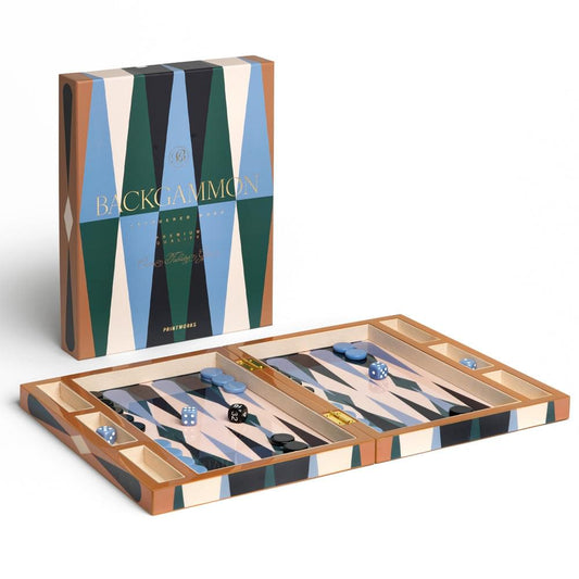 Printworks lacquered backgammon board set, open case with blue and black pieces