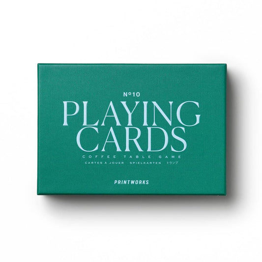 Teal playing card box with “Playing Cards” design, N°10, and Printworks logo