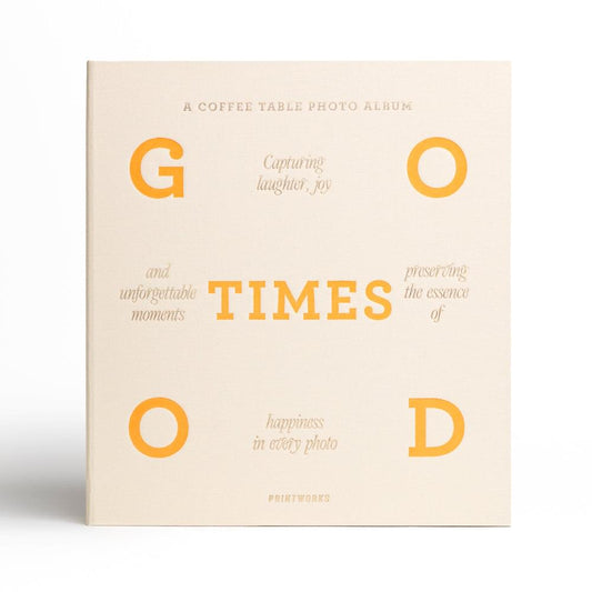 Beige photo album with orange “GOOD TIMES” cover typography and small corner icons