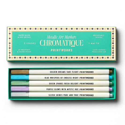 Metallic art marker set with 5 colors: gold, teal, green, purple, silver in box
