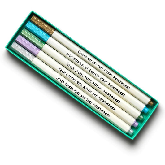 5 metallic art markers in green tray: gold, teal, green, purple, silver, chisel tips