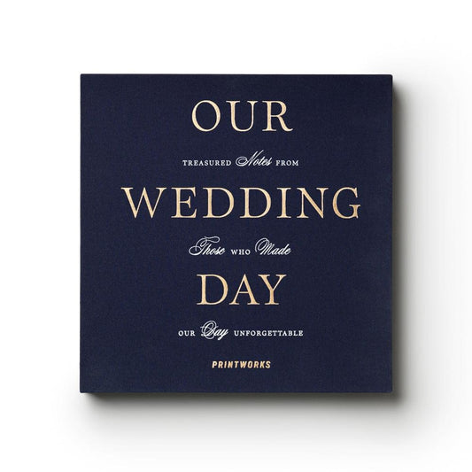 Dark blue wedding guest book with gold Our Wedding Day lettering