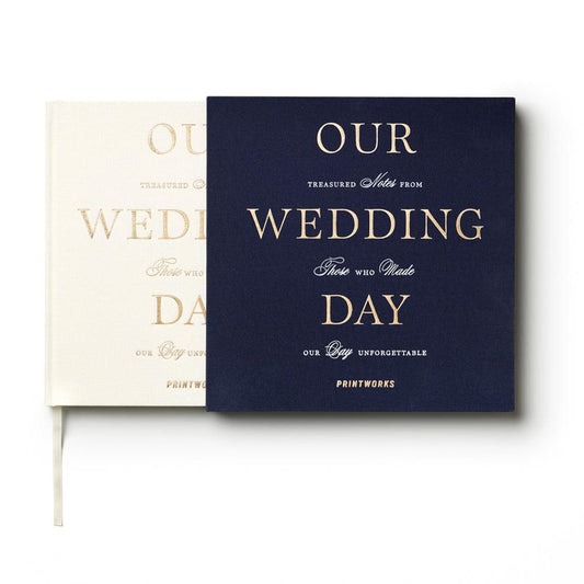 Dark blue wedding guest book with gold Our Wedding Day title, shown with open pages