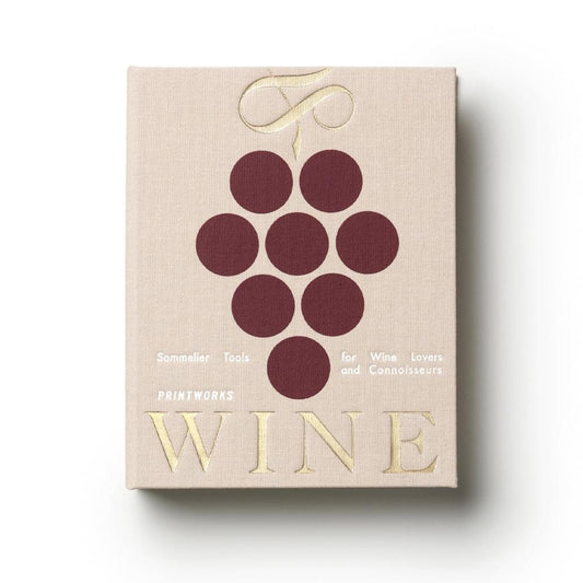Beige wine tools box with gold 'WINE' title and burgundy grape cluster graphic