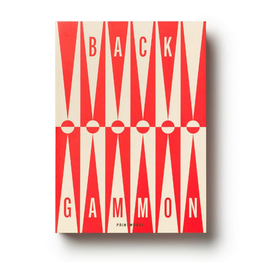 Printworks backgammon set box front, red-and-cream striped BACKGAMMON design