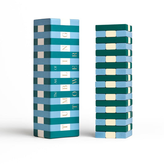 Tumbling tower game with teal and blue wooden blocks and cream squares, stacked