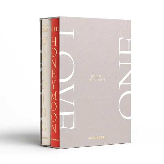 Gray wedding photo book with red spine and white typography; photo book set cover
