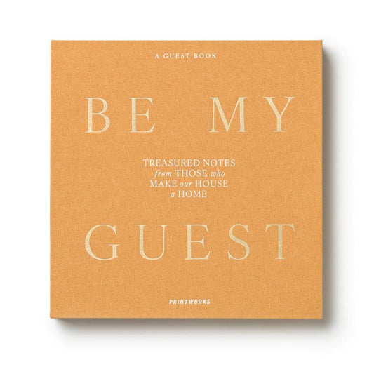 Be My Guest beige yellow guest book cover with 'BE MY GUEST' typography
