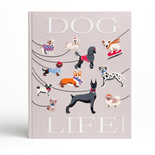 Dog-themed embroidered photo album cover with DOG LIFE lettering