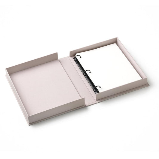 Embroidered photo album with hinged binder rings, open pages