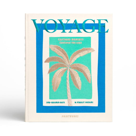 Embroidered photo album with cream cover and blue palm 'VOYAGE' graphic