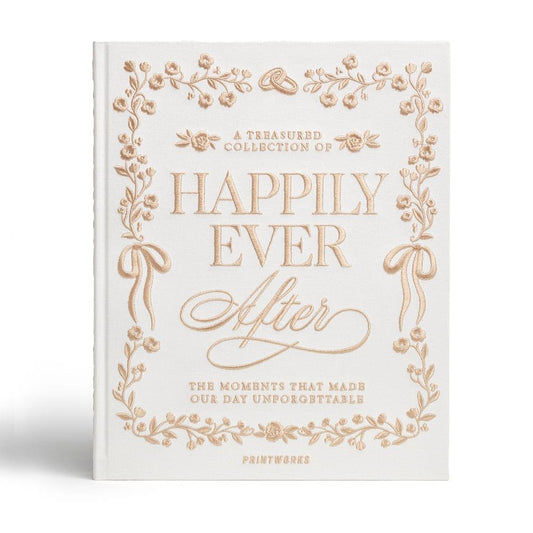 Embroidered photo album cover with gold floral frame and 'Happily Ever After' text
