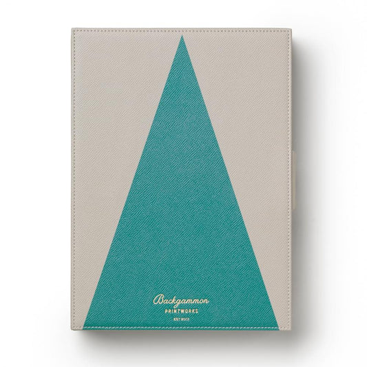 Beige backgammon board cover with teal triangle and stitched logo