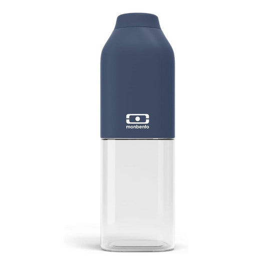 Reusable water bottle, dark blue body with clear bottom and push-on lid