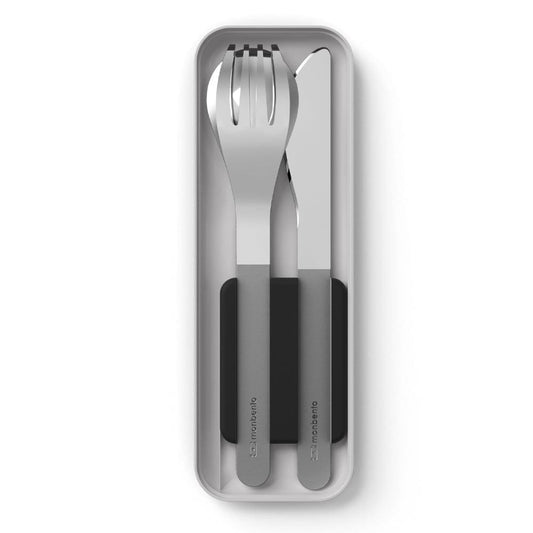 Stainless steel cutlery set with three utensils and black handles in slim case