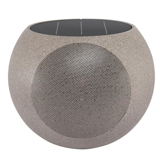 Stone-textured solar garden speaker with large front speaker grille and black solar top