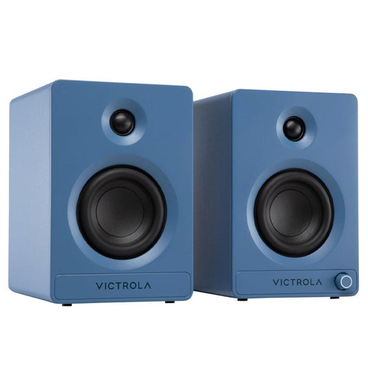Pair of blue bookshelf speakers with black woofers and tweeters