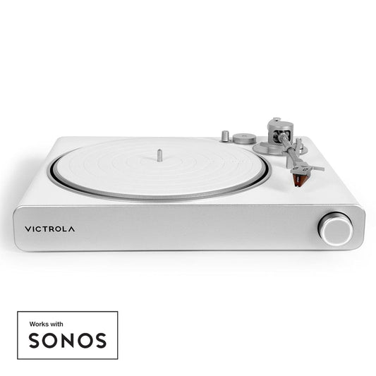White and silver Wi‑Fi/Bluetooth turntable with tonearm and spinning record