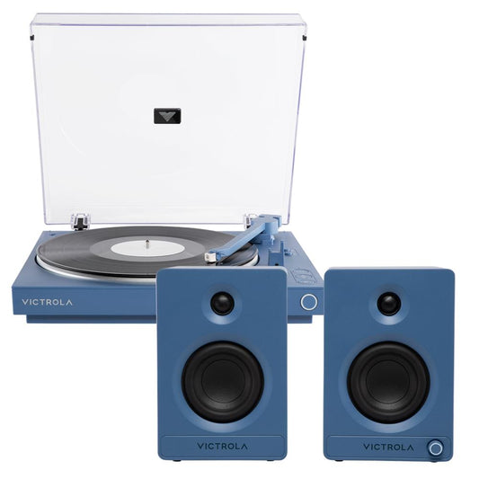 Blue automatic turntable with clear dust cover and two front-facing bookshelf speakers
