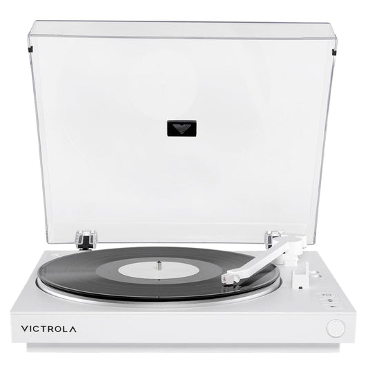 White Victrola automatic turntable with clear dust cover and black record