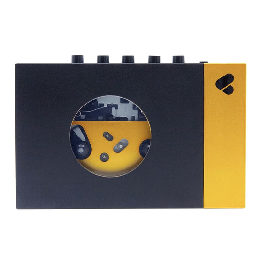 Portable cassette player and recorder, black body with yellow end and cassette window