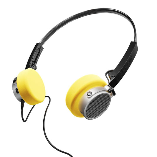 Retro over-ear headset, yellow earcups, gray speaker grilles, black headband