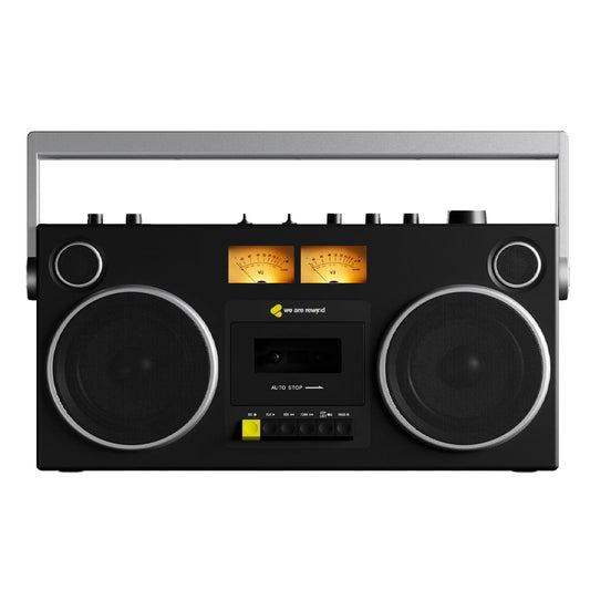 Black boombox-style cassette player and recorder with two speakers and display.