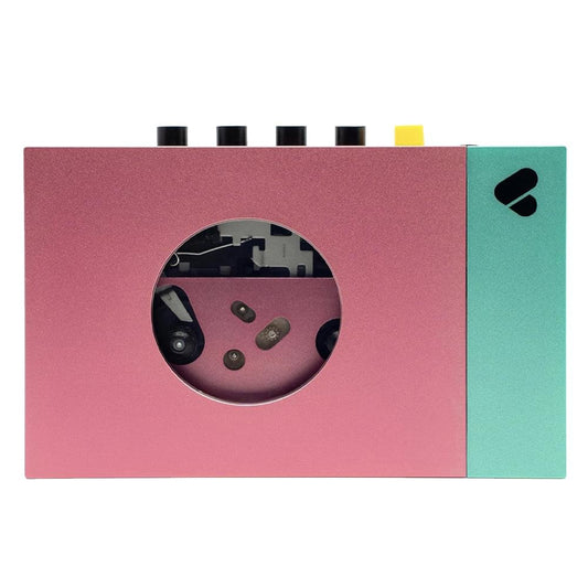 Pink portable cassette player/recorder with circular cassette window and black control knobs