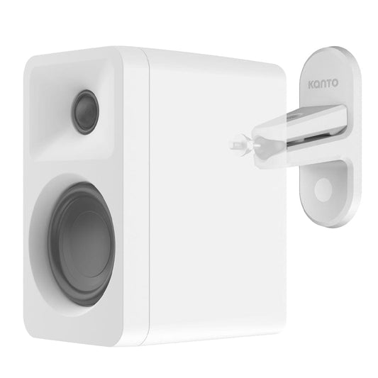 White universal satellite speaker wall mount bracket, pair with Kanto logo
