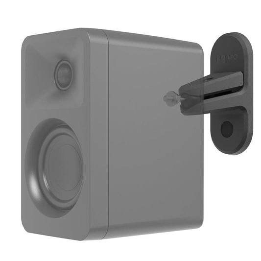 Black universal satellite speaker wall mount bracket holding a compact speaker side