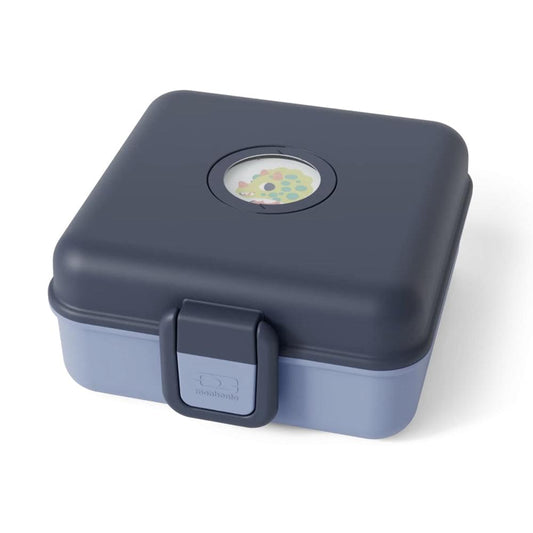 Blue Snacky sandwich lunch box with snap latch and circular graphic on top.