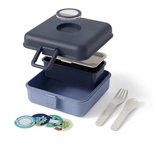Open blue lunch box with divider, snap lid, and included fork and spoon on side.