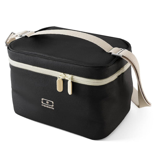 Black insulated lunch cooler bag with beige trim, top zipper, carry handle