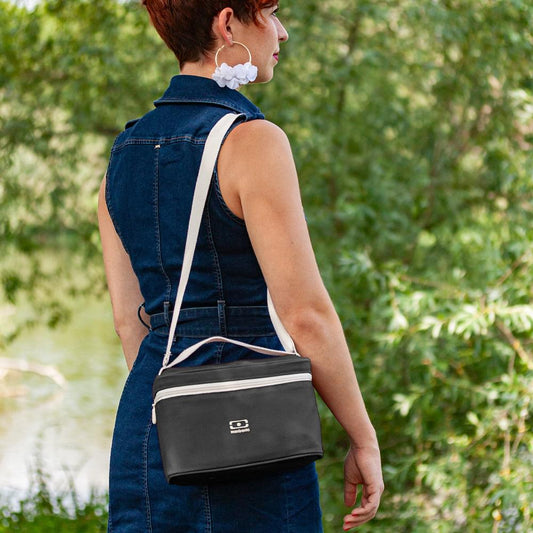 Black insulated lunch bag with shoulder strap, front logo, zipper closure