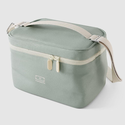 Light green insulated cooler lunch bag with beige shoulder strap and zip closure