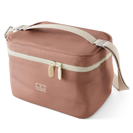 Insulated lunch cooler bag with carry handle, pink, light trim, front Monbento logo.