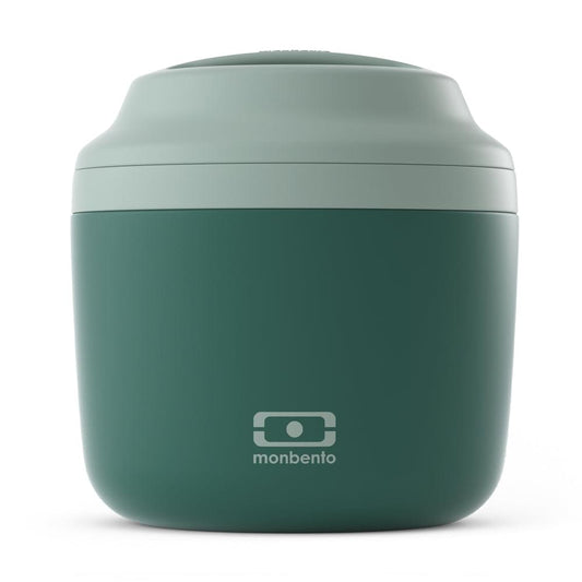 Insulated bento box, green container with hinged lid and Monbento logo