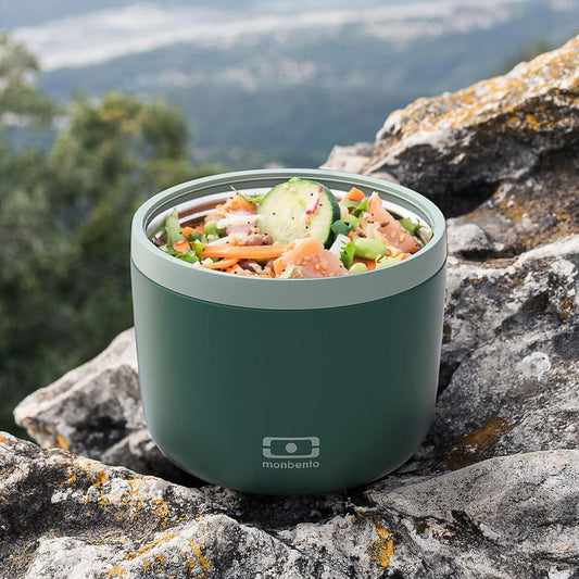 Insulated bento box, green container with lid open, salad-style meal inside
