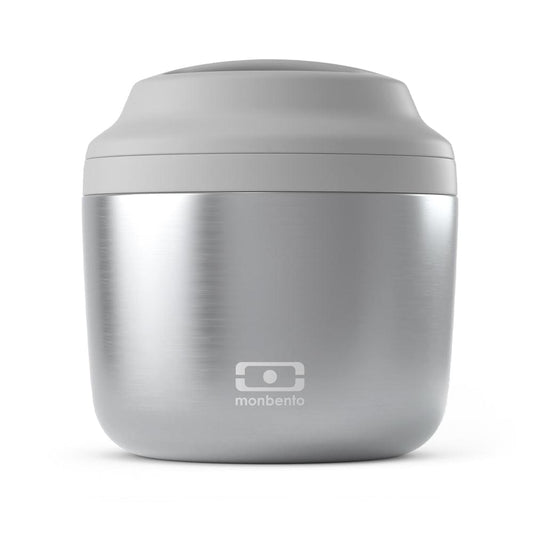 Monbento insulated bento box in metallic silver, rounded with carry handle