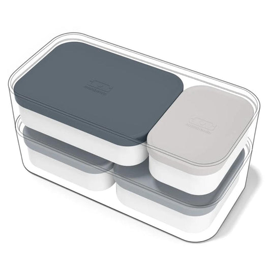 Extra bento box containers, dark grey-blue lids and white bases