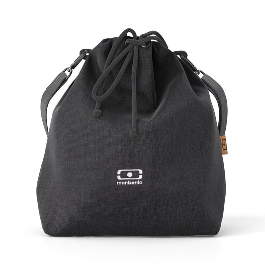 Insulated lunch bag with drawstring top and black fabric, side carry straps (Monbento).