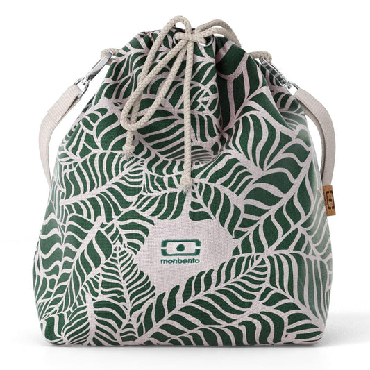 Leaf-print insulated lunch bag with gray drawstring and front Monbento logo