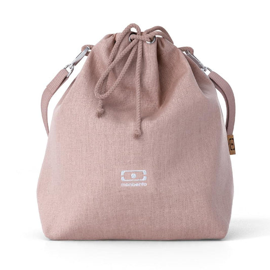 Blush pink insulated lunch bag with drawstring top and Monbento logo on front