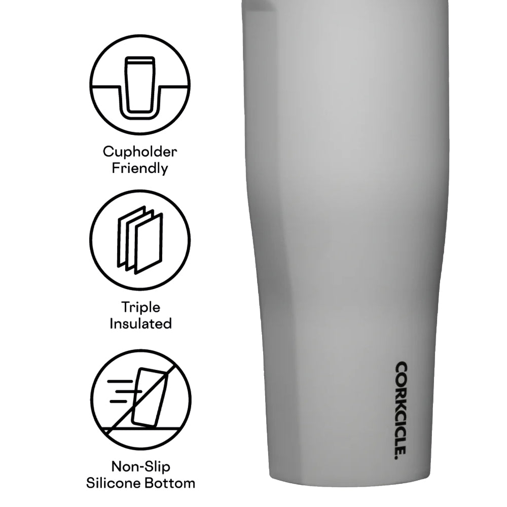 Corkcicle Go Cup XL gloss white travel cup side view with non-slip silicone bottom icon