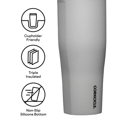 White Go Cup XL travel cup with silicone bottom and triple insulation icons