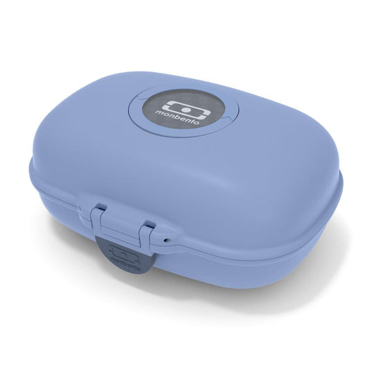 Blue Monbento kids snack box with hinged lid and clasp, round logo on top