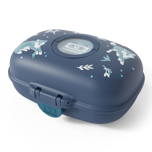 Kids snack box with navy lid and wolf graphic, secure snap hinge.