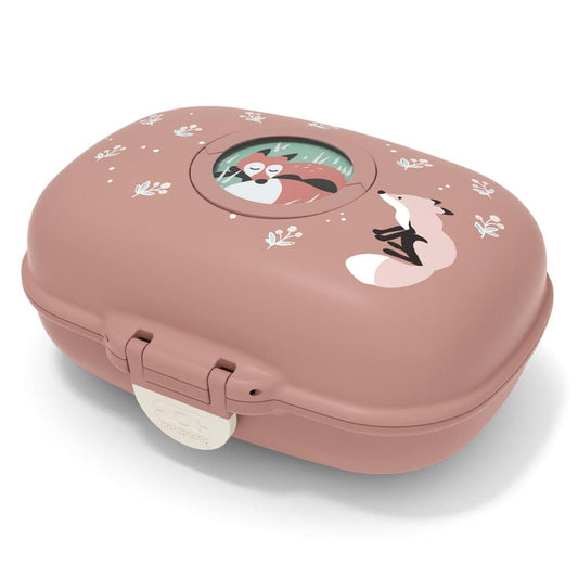 Pink kids snack box, top view with fox illustration on lid